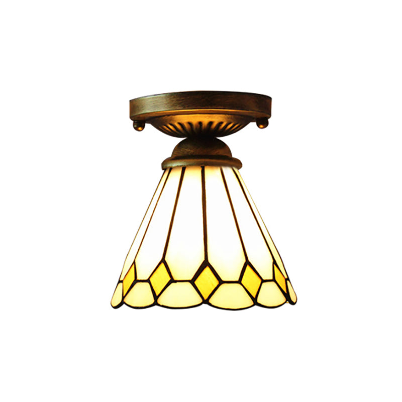 Shuttlecock Foyer Stair Ceiling Mount Light with Rhombus/Leaf Art Glass 1 Bulb Tiffany Ceiling Lamp in Bronze Finish Clearhalo 'Ceiling Lights' 'Close To Ceiling Lights' 'Close to ceiling' 'Glass shade' 'Glass' 'Pendant Lights' 'Semi-flushmount' 'Tiffany close to ceiling' 'Tiffany' Lighting' 178053