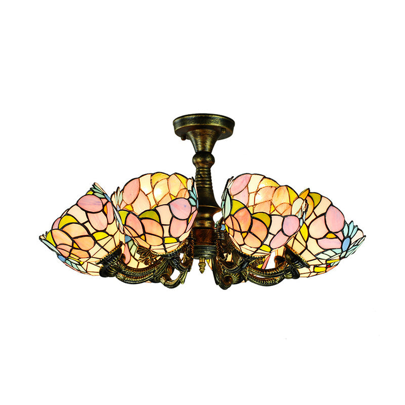 Vintage Rustic Chandelier Light with Shade Up/Down Stained Glass Multi Light Suspension Light with Leaf/Peacock Tail/Flower in Bronze Clearhalo 'Ceiling Lights' 'Chandeliers' 'Close To Ceiling Lights' 'Close to ceiling' 'Glass shade' 'Glass' 'Semi-flushmount' 'Tiffany close to ceiling' 'Tiffany' Lighting' 178120