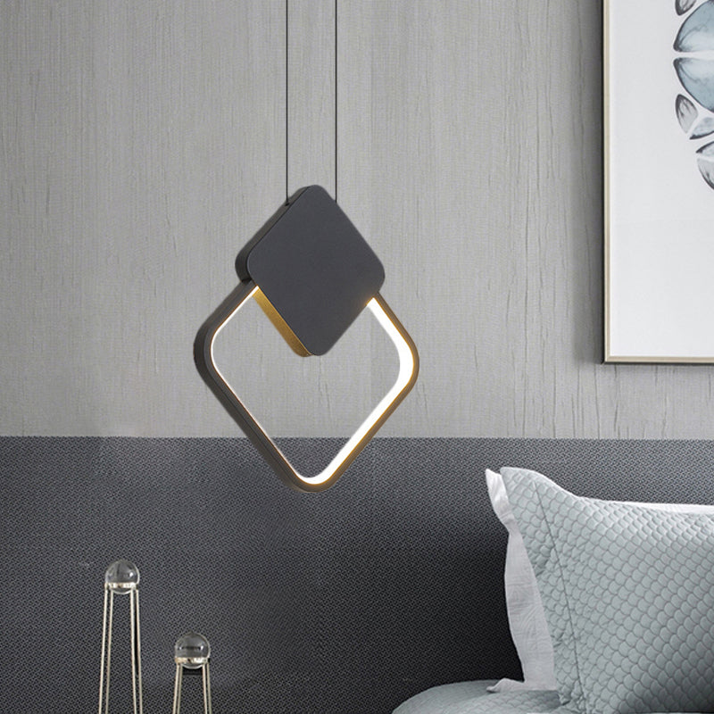 Metal Round/Rhombus Ceiling Pendant Modernist LED Black Hanging Lamp Kit in Warm/White Light for Bedroom Clearhalo 'Ceiling Lights' 'Modern Pendants' 'Modern' 'Pendant Lights' 'Pendants' Lighting' 1781229