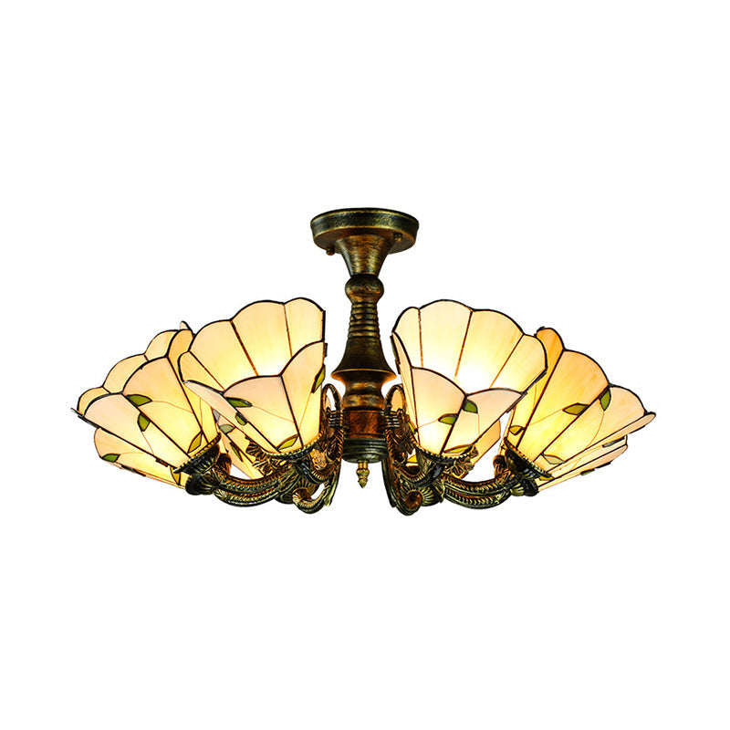 Vintage Rustic Chandelier Light with Shade Up/Down Stained Glass Multi Light Suspension Light with Leaf/Peacock Tail/Flower in Bronze Clearhalo 'Ceiling Lights' 'Chandeliers' 'Close To Ceiling Lights' 'Close to ceiling' 'Glass shade' 'Glass' 'Semi-flushmount' 'Tiffany close to ceiling' 'Tiffany' Lighting' 178123