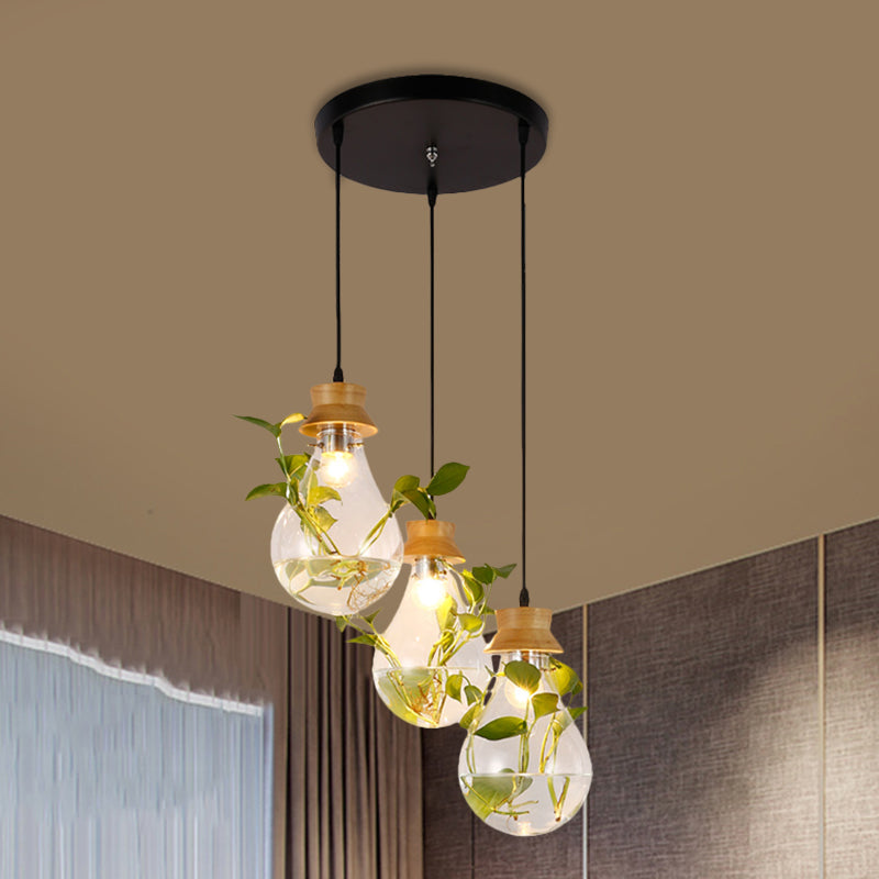 12"/19.5" W 3-Head Cluster Pendant Farmhouse Bulb Shaped Clear Glass Hanging Light Kit in Black, Linear/Round Canopy Clearhalo 'Ceiling Lights' 'Glass shade' 'Glass' 'Pendant Lights' 'Pendants' Lighting' 1781287