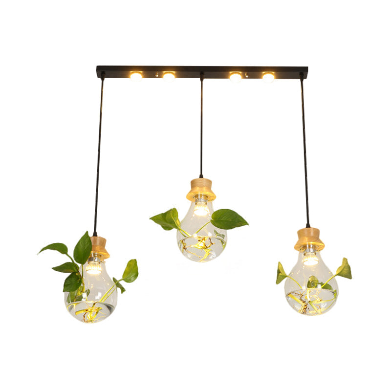 12"/19.5" W 3-Head Cluster Pendant Farmhouse Bulb Shaped Clear Glass Hanging Light Kit in Black, Linear/Round Canopy Clearhalo 'Ceiling Lights' 'Glass shade' 'Glass' 'Pendant Lights' 'Pendants' Lighting' 1781293
