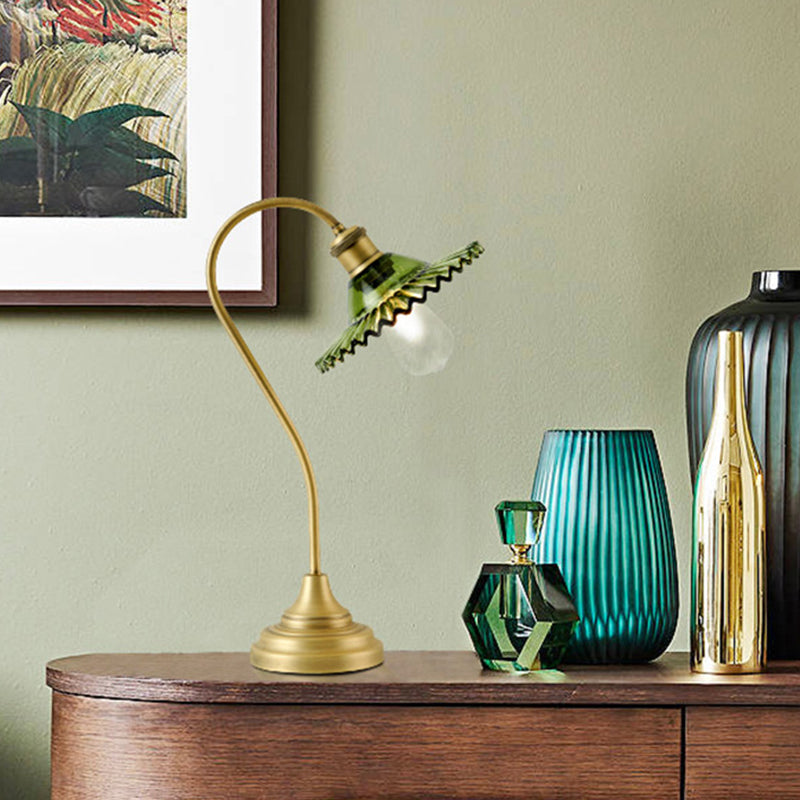 Wide Flared Table Light Simplicity Grey/Green Ribbed Glass Brass Night Lighting with Curved Arm Clearhalo 'Lamps' 'Table Lamps' Lighting' 1781393