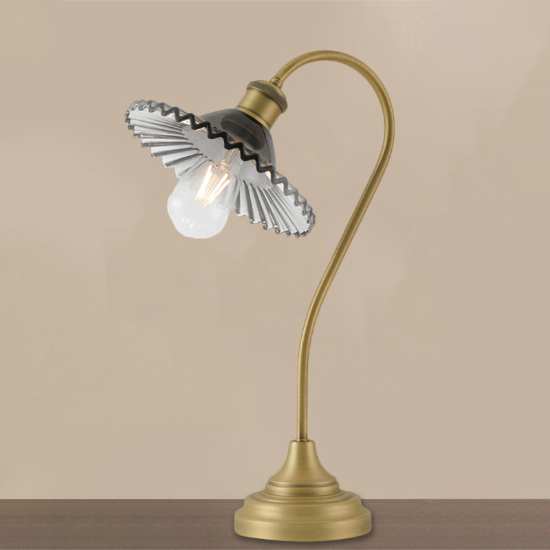 Wide Flared Table Light Simplicity Grey/Green Ribbed Glass Brass Night Lighting with Curved Arm Clearhalo 'Lamps' 'Table Lamps' Lighting' 1781397
