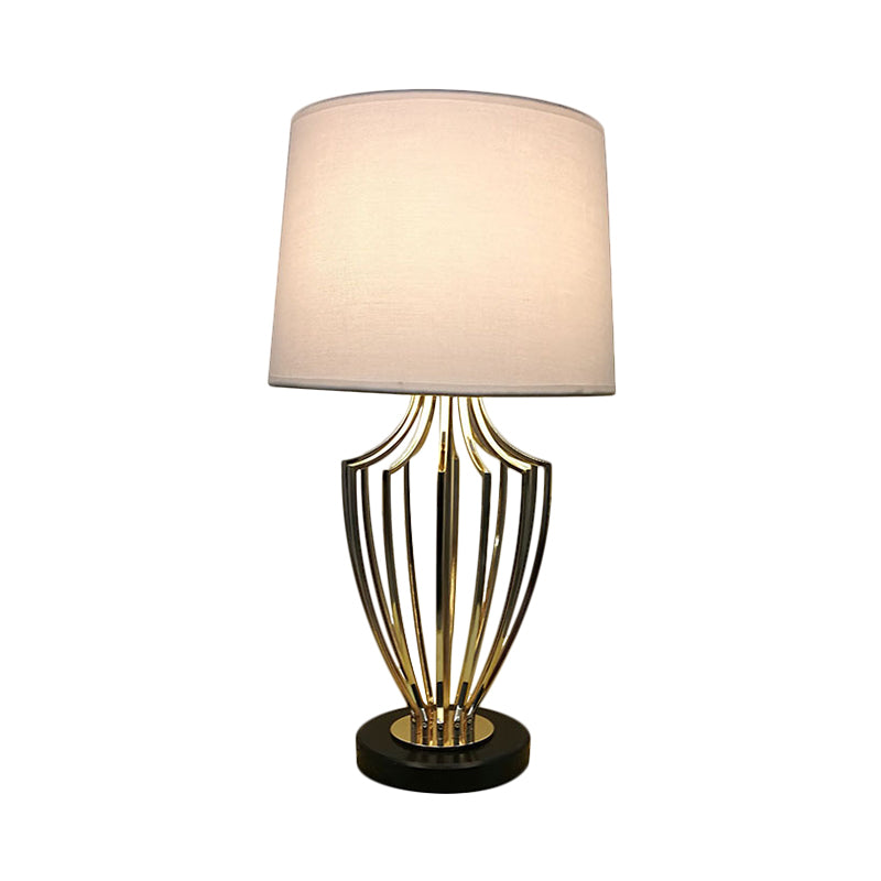 Minimal Barrel Night Table Lamp Fabric 11"/14" W 1 Head Bedroom Desk Lighting in Black/White with Urn Cage Base Clearhalo 'Lamps' 'Table Lamps' Lighting' 1781486