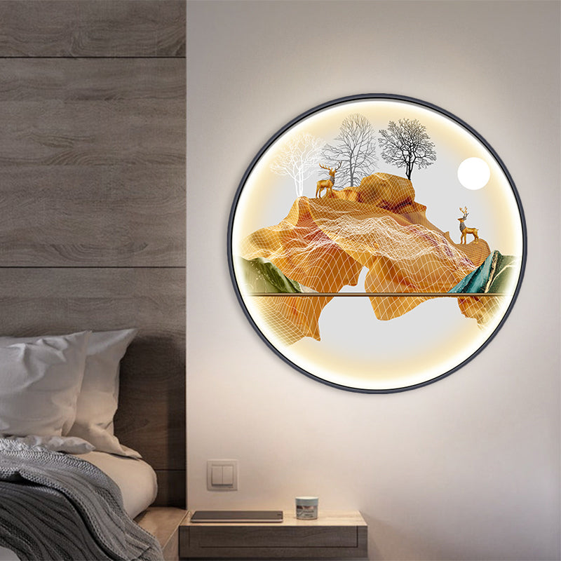 Yellow/Green Circle Wall Light Fixture Asian Style LED Fabric Wall Mural Mount Lamp with Landscape Pattern Clearhalo 'Wall Lamps & Sconces' 'Wall Lights' Lighting' 1781532