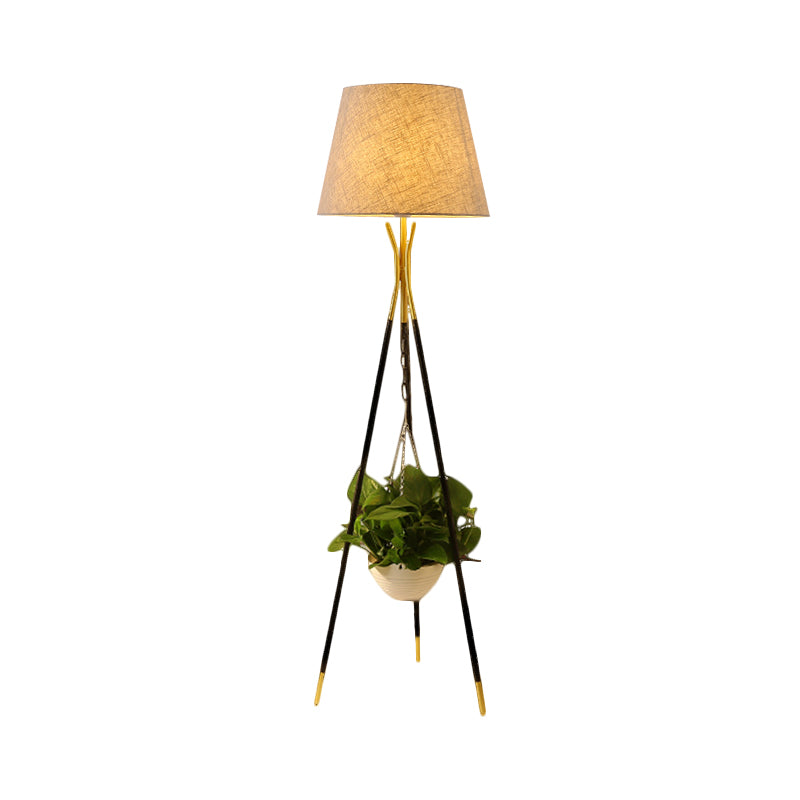 Fabric Black/White/Flaxen Standing Lamp Drum Shade 1-Light Warehouse Floor Reading Lighting with Tripod Base Clearhalo 'Floor Lamps' 'Lamps' Lighting' 1781564