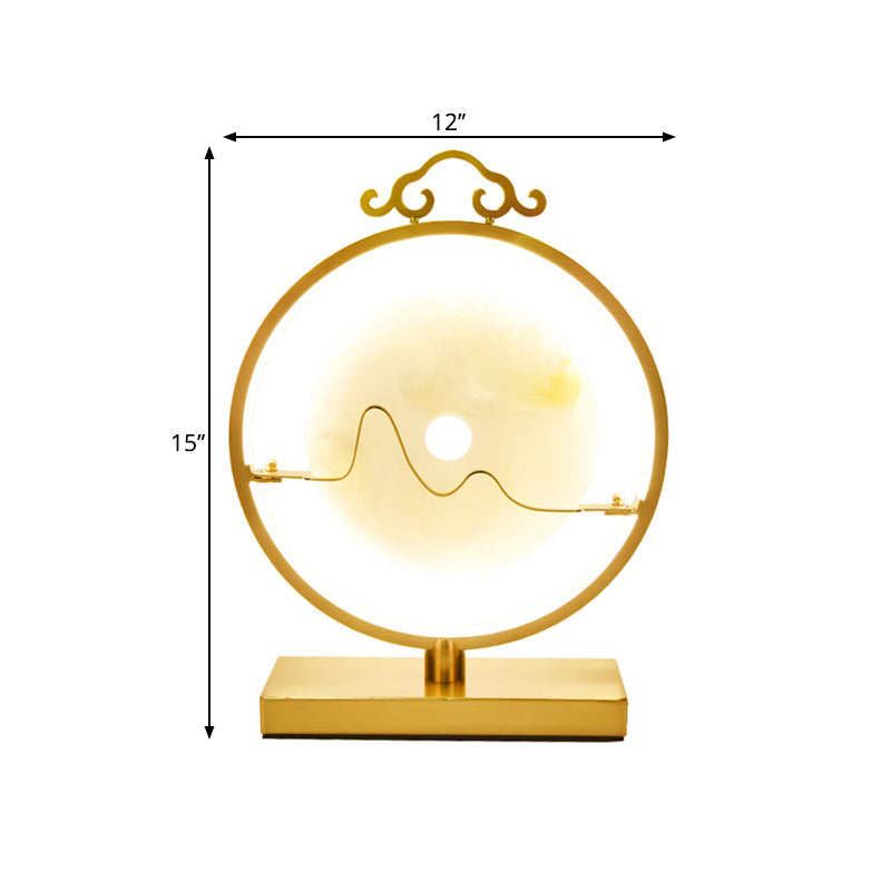 Loop Night Table Lamp Simple Metal 11"/12" W LED Bedroom Night Lighting in Brass with Round Jade Deco Clearhalo 'Lamps' 'Table Lamps' Lighting' 1781584