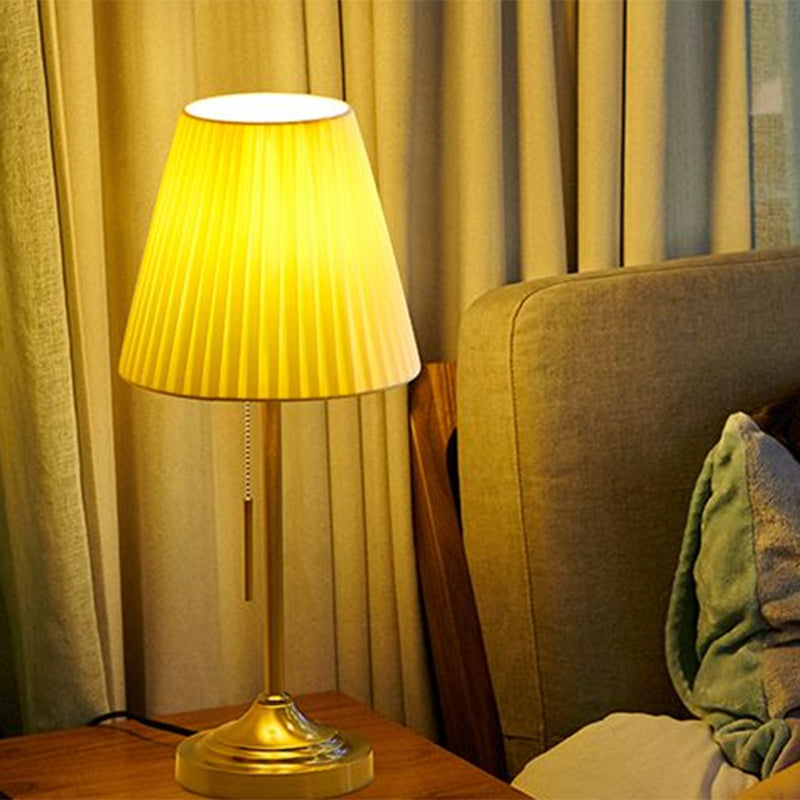 Modern Conic Night Lamp Pleated Fabric 1-Light Bedroom Metallic Table Light in Beige/Red with Pull Chain Beige Clearhalo 'Lamps' 'Table Lamps' Lighting' 1781738