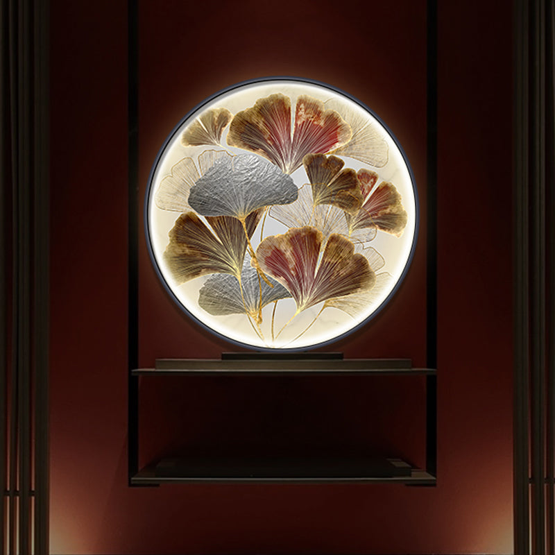 Asia LED Ginkgo Leaf Flush Wall Sconce Gold Circular Wall Mural Lighting with Metallic Shade Clearhalo 'Wall Lamps & Sconces' 'Wall Lights' Lighting' 1781829