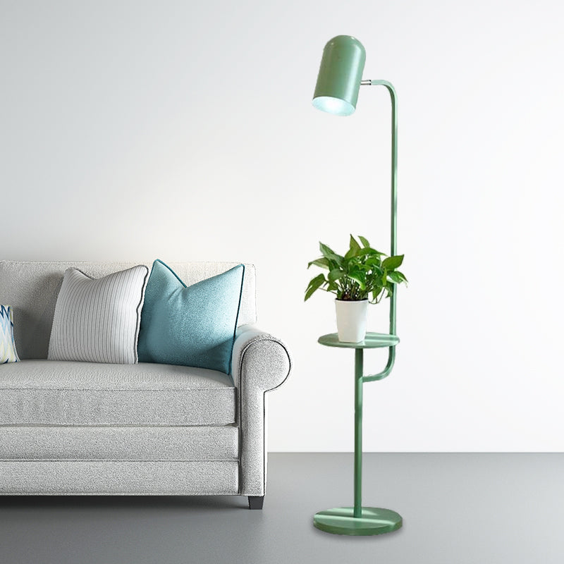 1 Bulb Metal Floor Light Warehouse Pink/Yellow/Green Bell Shaped Living Room Floor Reading Lamp with Wood Shelf Deco Clearhalo 'Floor Lamps' 'Lamps' Lighting' 1781845