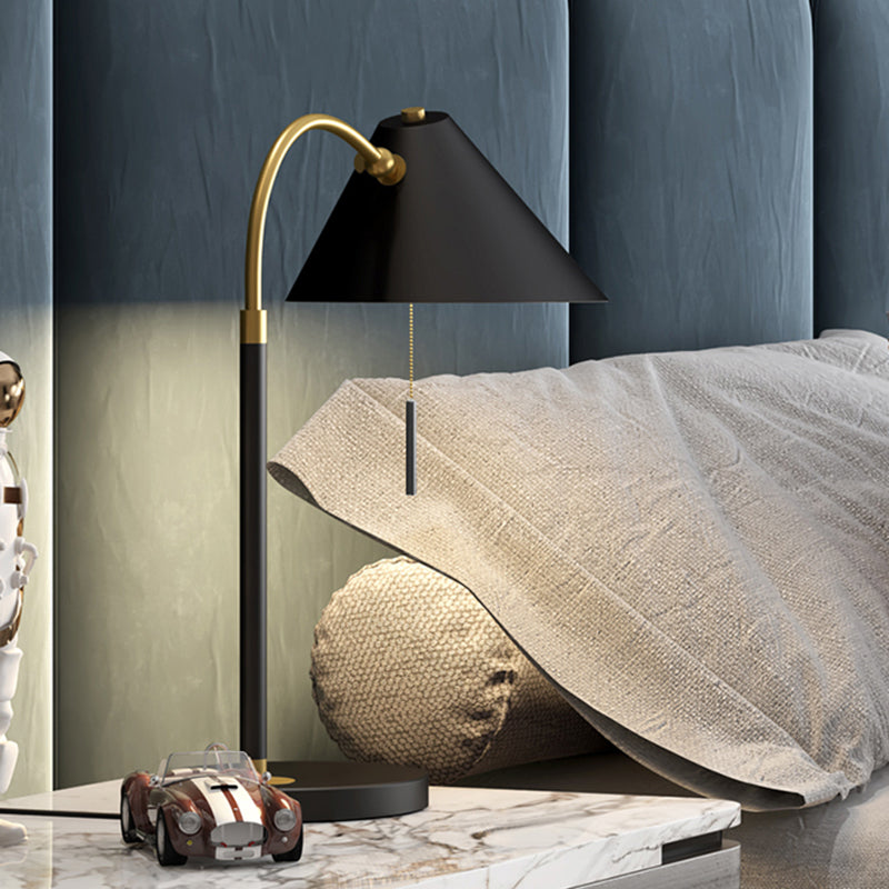 Minimal 1 Bulb Night Table Light Black/White Conic Pull Chain Nightstand Lamp with Metal Shade Black Clearhalo 'Lamps' 'Table Lamps' Lighting' 1781852