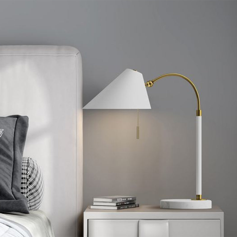 Minimal 1 Bulb Night Table Light Black/White Conic Pull Chain Nightstand Lamp with Metal Shade Clearhalo 'Lamps' 'Table Lamps' Lighting' 1781857