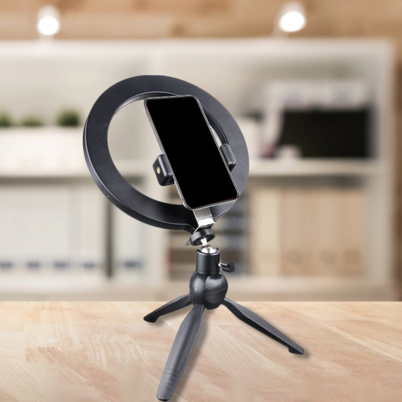 Phone Holder LED Vanity Light Minimalist Black Tripod Fill-in Flash Lighting with Round Metal Shade Black USB Clearhalo 'Cast Iron' 'Glass' 'Industrial' 'Modern wall lights' 'Modern' 'Tiffany' 'Traditional wall lights' 'Vanity Lights' 'Wall Lights' Lighting' 1781932