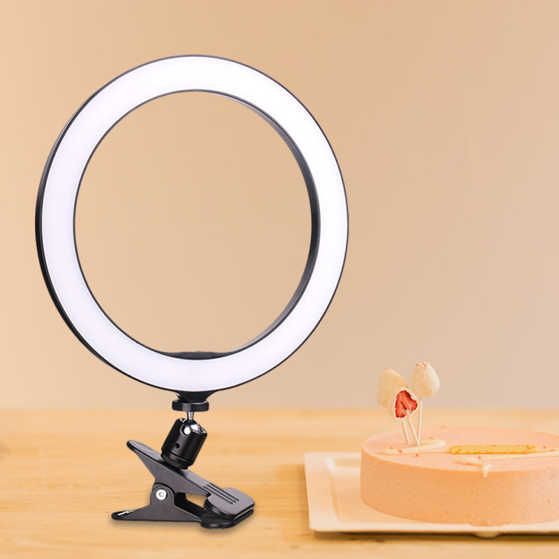 Contemporary Circle Clip on Vanity Light Metal Mobile Phone Holder Portable LED Fill Lamp in Black, 6"/8" Dia Black USB Clearhalo 'Cast Iron' 'Glass' 'Industrial' 'Modern wall lights' 'Modern' 'Tiffany' 'Traditional wall lights' 'Vanity Lights' 'Wall Lights' Lighting' 1781973