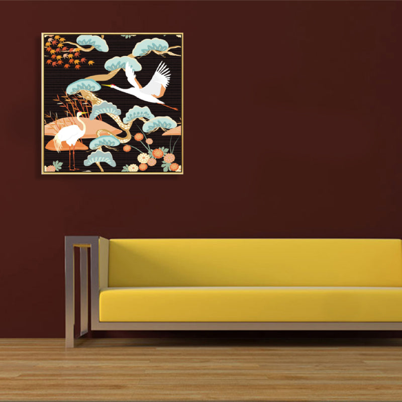 Chinese Red-Crowned Crane Canvas Print Dark Color Sitting Room Wall Art, Textured - Black - Clearhalo - 'Arts' - 'Canvas Art' - 1782128