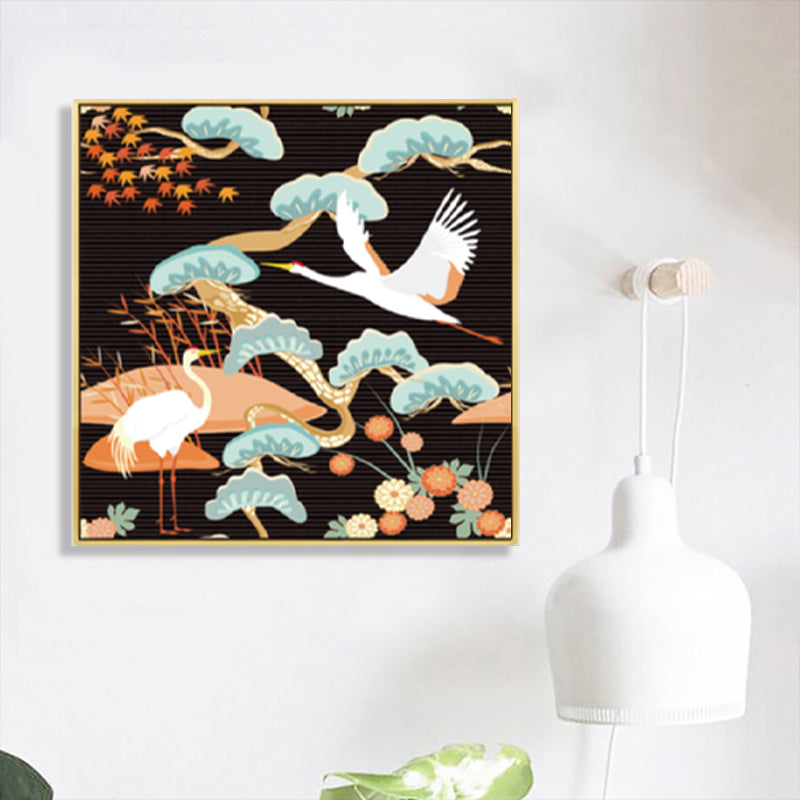 Chinese Red-Crowned Crane Canvas Print Dark Color Sitting Room Wall Art, Textured - Clearhalo - 'Arts' - 'Canvas Art' - 1782129