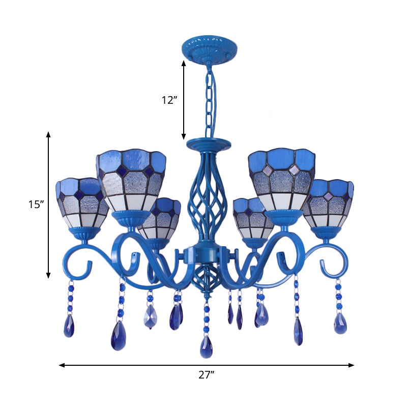 6/8 Lights Blue Pendant Lighting Nautical Tiffany Stained Glass Indoor Chandelier Light with 12" Chain Clearhalo 'Ceiling Lights' 'Chandeliers' 'Industrial' 'Middle Century Chandeliers' 'Tiffany Chandeliers' 'Tiffany close to ceiling' 'Tiffany' Lighting' 178228