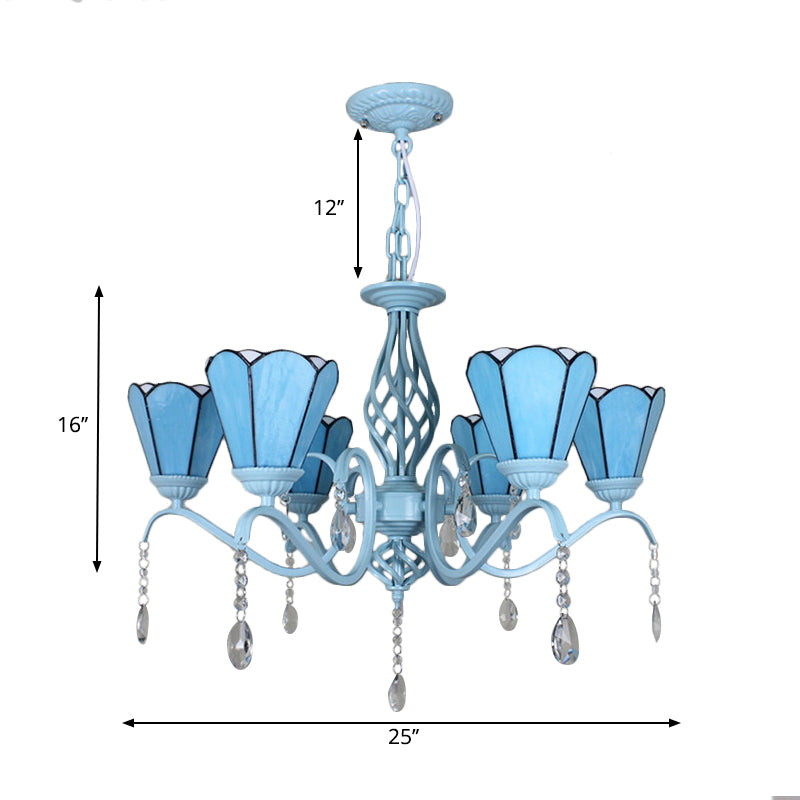 Tiffany Style Cone Pendant Lighting with Adjustable Chain Stained Glass Chandelier in White/Blue/Clear for Living Room Clearhalo 'Ceiling Lights' 'Chandeliers' 'Clear' 'Industrial' 'Middle Century Chandeliers' 'Modern' 'Tiffany Chandeliers' 'Tiffany close to ceiling' 'Tiffany' 'Traditional Chandeliers' Lighting' 178256
