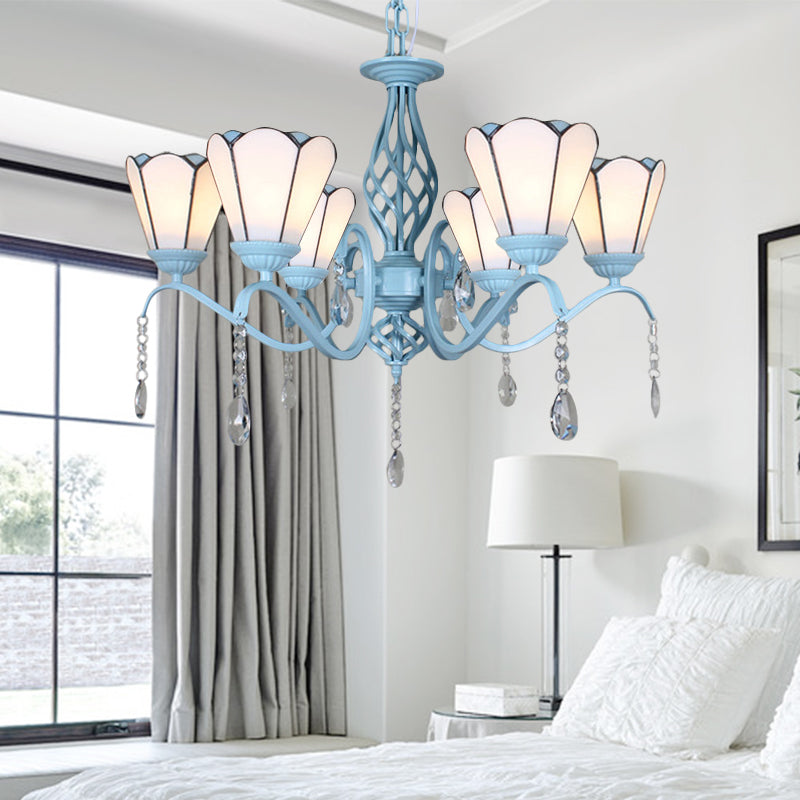 Tiffany Style Cone Pendant Lighting with Adjustable Chain Stained Glass Chandelier in White/Blue/Clear for Living Room Clearhalo 'Ceiling Lights' 'Chandeliers' 'Clear' 'Industrial' 'Middle Century Chandeliers' 'Modern' 'Tiffany Chandeliers' 'Tiffany close to ceiling' 'Tiffany' 'Traditional Chandeliers' Lighting' 178260