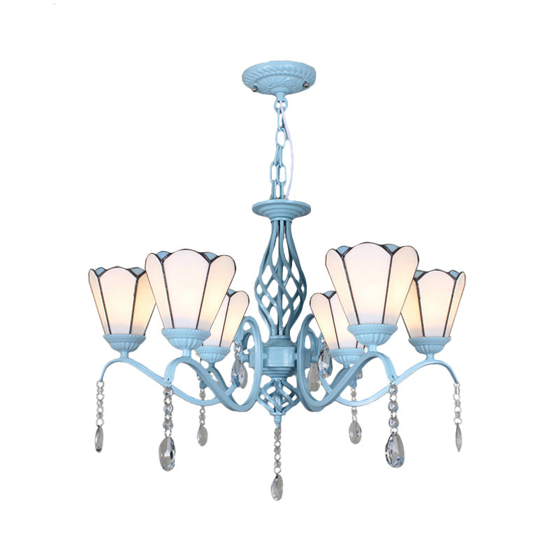 Tiffany Style Cone Pendant Lighting with Adjustable Chain Stained Glass Chandelier in White/Blue/Clear for Living Room Clearhalo 'Ceiling Lights' 'Chandeliers' 'Clear' 'Industrial' 'Middle Century Chandeliers' 'Modern' 'Tiffany Chandeliers' 'Tiffany close to ceiling' 'Tiffany' 'Traditional Chandeliers' Lighting' 178262