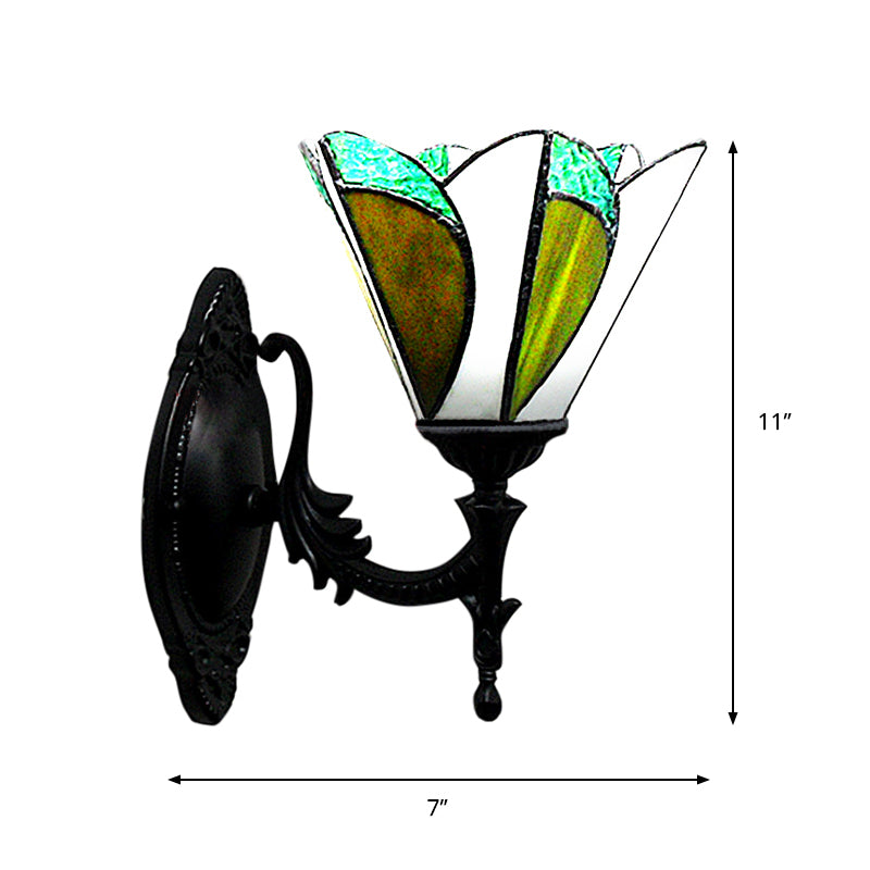 Stained Glass Cone Wall Light Study Room 1 Head Tiffany Stylish Antique Wall Lamp in Green Clearhalo 'Industrial' 'Middle century wall lights' 'Tiffany wall lights' 'Tiffany' 'Wall Lamps & Sconces' 'Wall Lights' Lighting' 178312