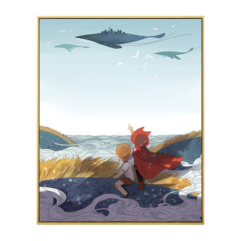 Fantasy Flying Whale Wall Art Cartoon Canvas Print Wall Decor in Blue for Nursery Clearhalo 'Art Gallery' 'Canvas Art' 'Kids' Arts' 1783241