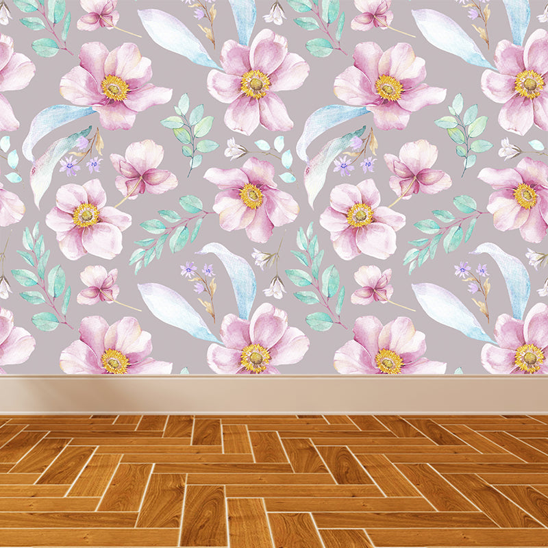 Contemporary Girls Mural Wallpaper Floral Design Light Color Wall Covering, Custom Pink Clearhalo 'Wall Decor' 'Wall Mural' 1784385