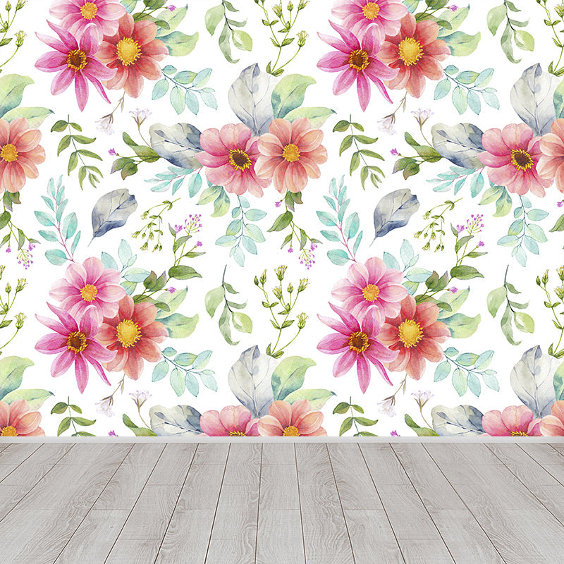 Contemporary Girls Mural Wallpaper Floral Design Light Color Wall Covering, Custom Clearhalo 'Wall Decor' 'Wall Mural' 1784392