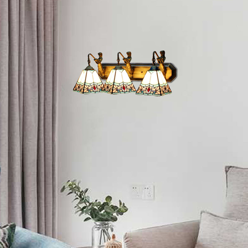 White Glass Trapezoid Wall Mounted Light Tiffany 3 Heads Orange/Blue Sconce Light Fixture Clearhalo 'Industrial' 'Middle century wall lights' 'Tiffany wall lights' 'Tiffany' 'Wall Lamps & Sconces' 'Wall Lights' Lighting' 178507