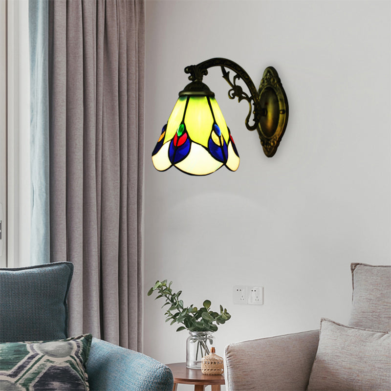 Antique Tiffany Green Wall Lamp Peacock 1 Bulb Stained Glass Sconce Light for Bedroom Lighting Clearhalo 'Industrial' 'Middle century wall lights' 'Tiffany wall lights' 'Tiffany' 'Wall Lamps & Sconces' 'Wall Lights' Lighting' 178523