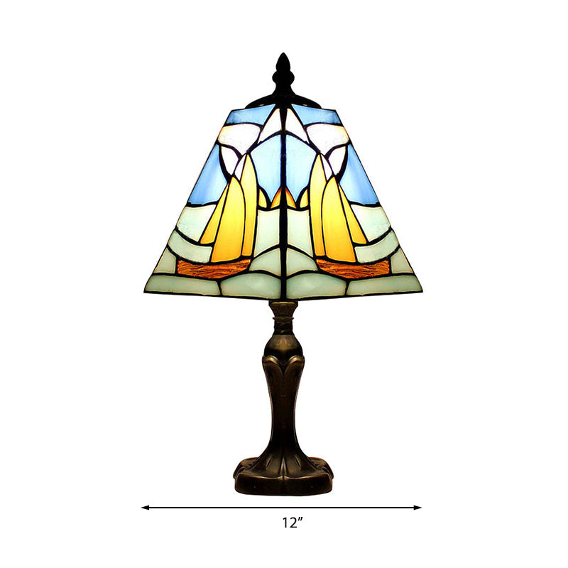 Blue Sea Desk Light with Boat 1 Bulb Nautical Stained Glass Nautical Table Light for Study Room Clearhalo 'Lamps' 'Table Lamps' Lighting' 178529
