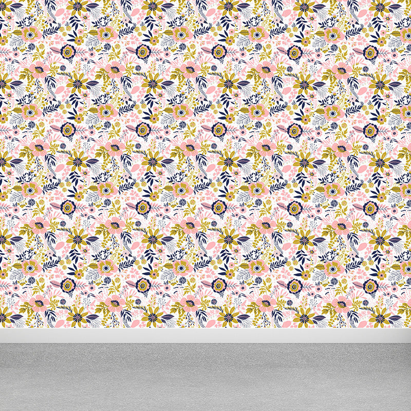 Pastel Blossoming Flowers Wall Mural Waterproofing Contemporary Girls Room Wall Art Orange Clearhalo 'Wall Decor' 'Wall Mural' 1785943