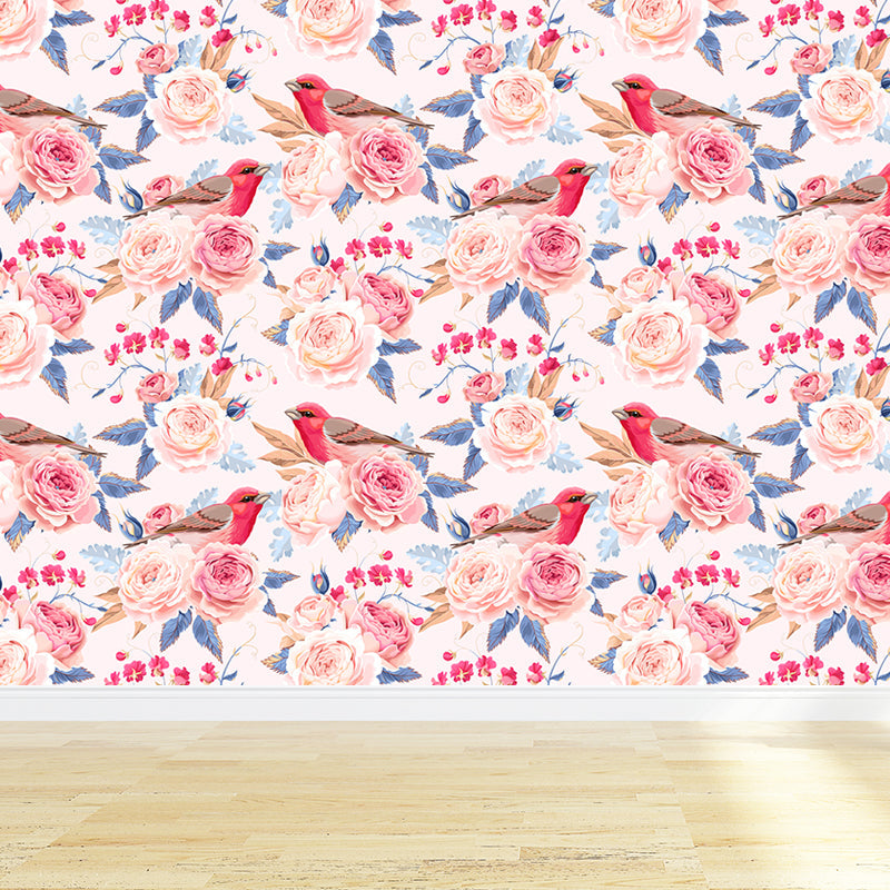 Modern Flower Rose Bloom Mural Pastel Moisture Resistant Wall Decor for Girls Room Pink Clearhalo 'Wall Decor' 'Wall Mural' 1786053