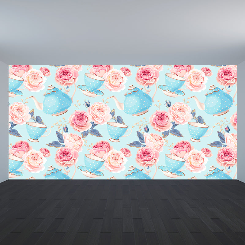 Modern Flower Rose Bloom Mural Pastel Moisture Resistant Wall Decor for Girls Room Blue Clearhalo 'Wall Decor' 'Wall Mural' 1786063