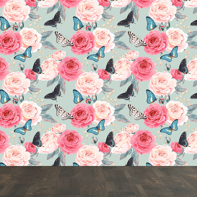 Modern Flower Rose Bloom Mural Pastel Moisture Resistant Wall Decor for Girls Room Clearhalo 'Wall Decor' 'Wall Mural' 1786069