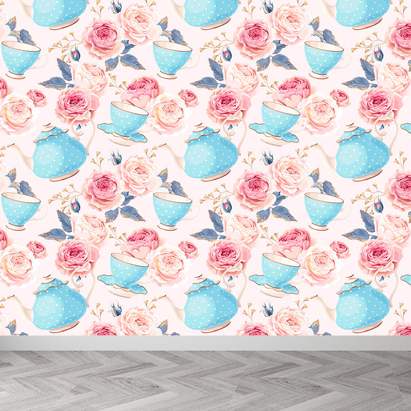 Modern Flower Rose Bloom Mural Pastel Moisture Resistant Wall Decor for Girls Room Light Pink Clearhalo 'Wall Decor' 'Wall Mural' 1786073