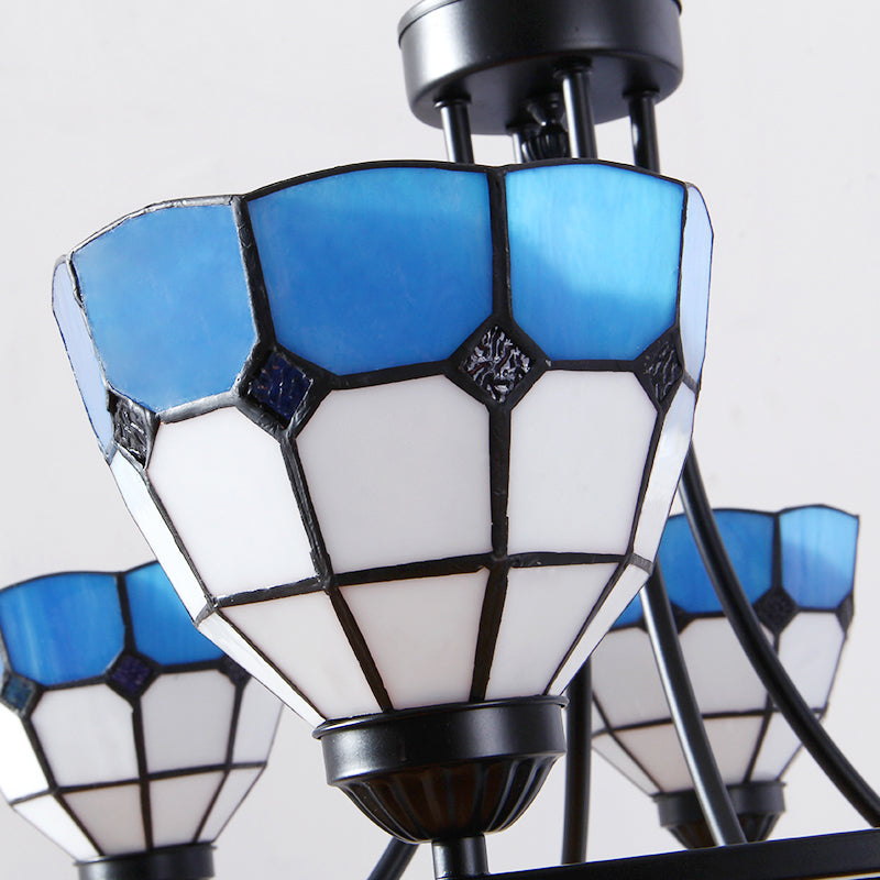 Metal Ring Suspension Light with Grid Bowl 6/8 Lights Tiffany Classic Chandelier in Blue and White Clearhalo 'Ceiling Lights' 'Chandeliers' 'Industrial' 'Middle Century Chandeliers' 'Tiffany Chandeliers' 'Tiffany close to ceiling' 'Tiffany' Lighting' 178656
