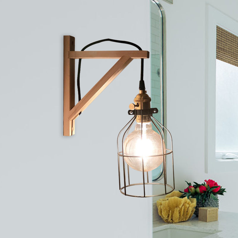 Black 1 Light Wall Lamp Loft Style Iron Pear Shaped/Diamond Cage/Birdcage Wall Mounted Fixture in Black with Wood Brace Clearhalo 'Art deco wall lights' 'Cast Iron' 'Glass' 'Industrial wall lights' 'Industrial' 'Middle century wall lights' 'Modern' 'Rustic wall lights' 'Tiffany' 'Traditional wall lights' 'Wall Lamps & Sconces' 'Wall Lights' Lighting' 1787049