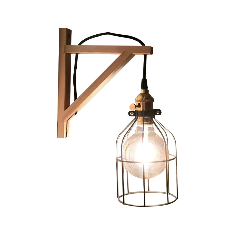 Black 1 Light Wall Lamp Loft Style Iron Pear Shaped/Diamond Cage/Birdcage Wall Mounted Fixture in Black with Wood Brace Clearhalo 'Art deco wall lights' 'Cast Iron' 'Glass' 'Industrial wall lights' 'Industrial' 'Middle century wall lights' 'Modern' 'Rustic wall lights' 'Tiffany' 'Traditional wall lights' 'Wall Lamps & Sconces' 'Wall Lights' Lighting' 1787050
