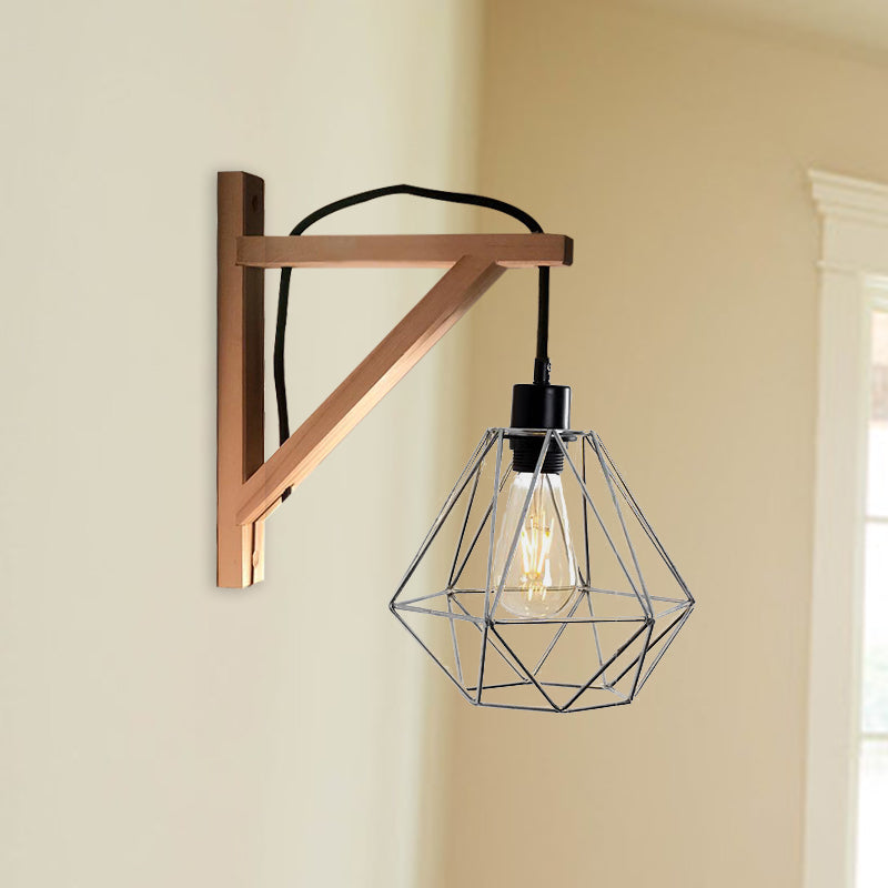 Black 1 Light Wall Lamp Loft Style Iron Pear Shaped/Diamond Cage/Birdcage Wall Mounted Fixture in Black with Wood Brace Clearhalo 'Art deco wall lights' 'Cast Iron' 'Glass' 'Industrial wall lights' 'Industrial' 'Middle century wall lights' 'Modern' 'Rustic wall lights' 'Tiffany' 'Traditional wall lights' 'Wall Lamps & Sconces' 'Wall Lights' Lighting' 1787053