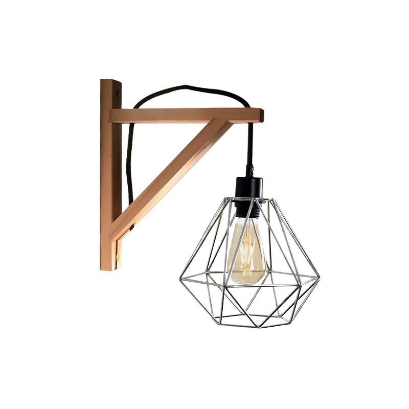 Black 1 Light Wall Lamp Loft Style Iron Pear Shaped/Diamond Cage/Birdcage Wall Mounted Fixture in Black with Wood Brace Clearhalo 'Art deco wall lights' 'Cast Iron' 'Glass' 'Industrial wall lights' 'Industrial' 'Middle century wall lights' 'Modern' 'Rustic wall lights' 'Tiffany' 'Traditional wall lights' 'Wall Lamps & Sconces' 'Wall Lights' Lighting' 1787054