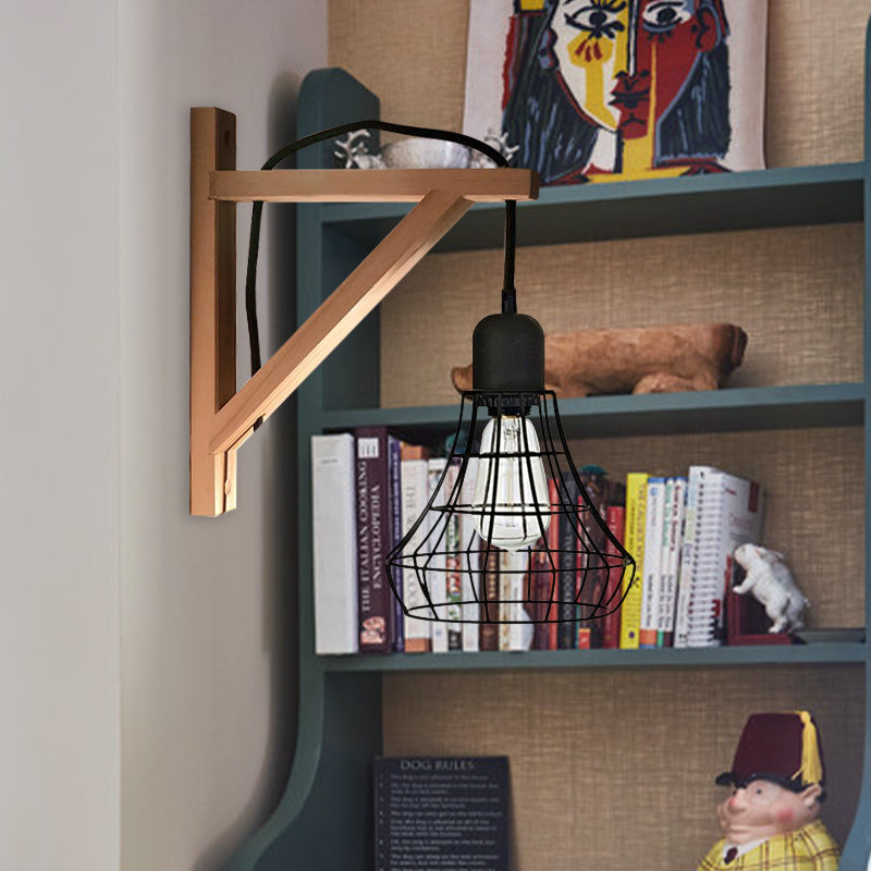 Black 1 Light Wall Lamp Loft Style Iron Pear Shaped/Diamond Cage/Birdcage Wall Mounted Fixture in Black with Wood Brace Clearhalo 'Art deco wall lights' 'Cast Iron' 'Glass' 'Industrial wall lights' 'Industrial' 'Middle century wall lights' 'Modern' 'Rustic wall lights' 'Tiffany' 'Traditional wall lights' 'Wall Lamps & Sconces' 'Wall Lights' Lighting' 1787058