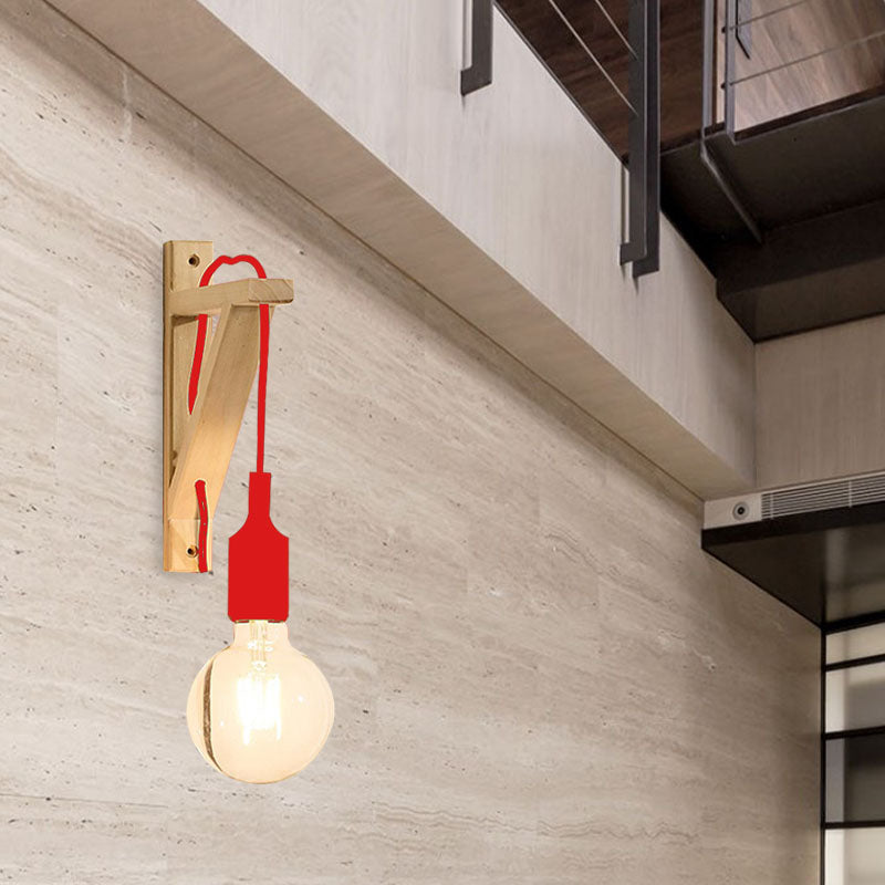 Single Exposed Bulb Wall Mounted Lamp Warehouse Black/Grey/Red Silica Gel Sconce with Wood Triangle Brace Clearhalo 'Industrial wall lights' 'Industrial' 'Middle century wall lights' 'Rustic wall lights' 'Tiffany' 'Wall Lamps & Sconces' 'Wall Lights' Lighting' 1787068