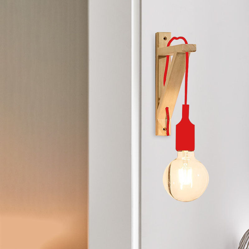 Single Exposed Bulb Wall Mounted Lamp Warehouse Black/Grey/Red Silica Gel Sconce with Wood Triangle Brace Clearhalo 'Industrial wall lights' 'Industrial' 'Middle century wall lights' 'Rustic wall lights' 'Tiffany' 'Wall Lamps & Sconces' 'Wall Lights' Lighting' 1787069
