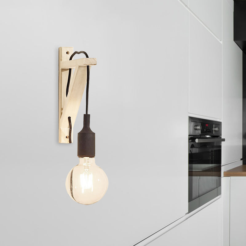 Single Exposed Bulb Wall Mounted Lamp Warehouse Black/Grey/Red Silica Gel Sconce with Wood Triangle Brace Clearhalo 'Industrial wall lights' 'Industrial' 'Middle century wall lights' 'Rustic wall lights' 'Tiffany' 'Wall Lamps & Sconces' 'Wall Lights' Lighting' 1787074