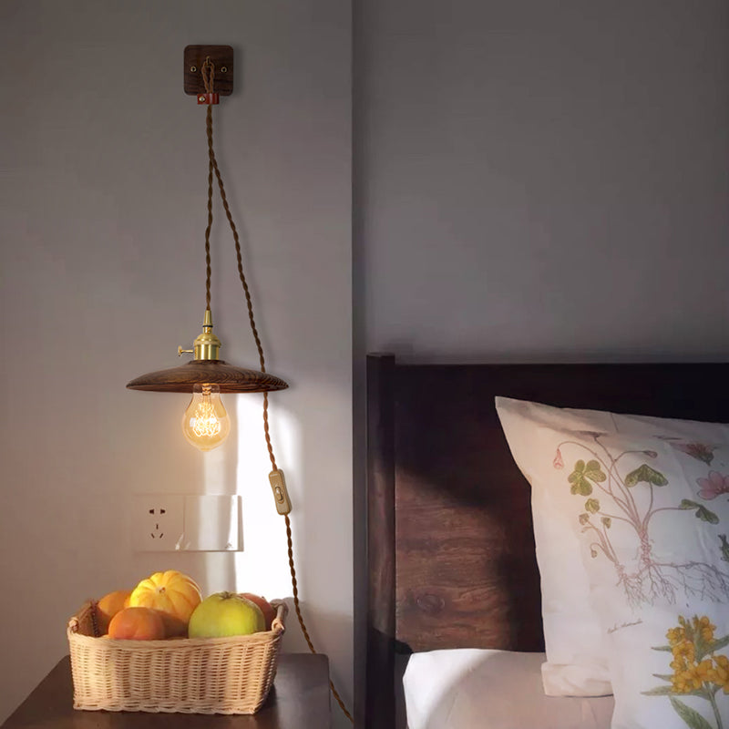 Wood Tray Plug-In Wall Lighting Ideas Rural 1 Bulb 8"/10" Wide Bedside Sconce Light in Brown with Extra Long Wire Cord Brown Clearhalo 'Industrial wall lights' 'Industrial' 'Middle century wall lights' 'Rustic wall lights' 'Tiffany' 'Wall Lamps & Sconces' 'Wall Lights' Lighting' 1787077