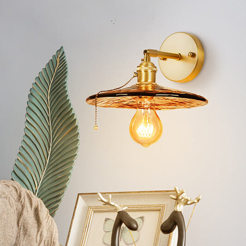 Tan Glass Gold Wall Light Shade Saucer/Funnel/Trapezoid 1-Head Colonial Wall Sconce Lighting Fixture for Bedroom Clearhalo 'Wall Lamps & Sconces' 'Wall Lights' Lighting' 1787489