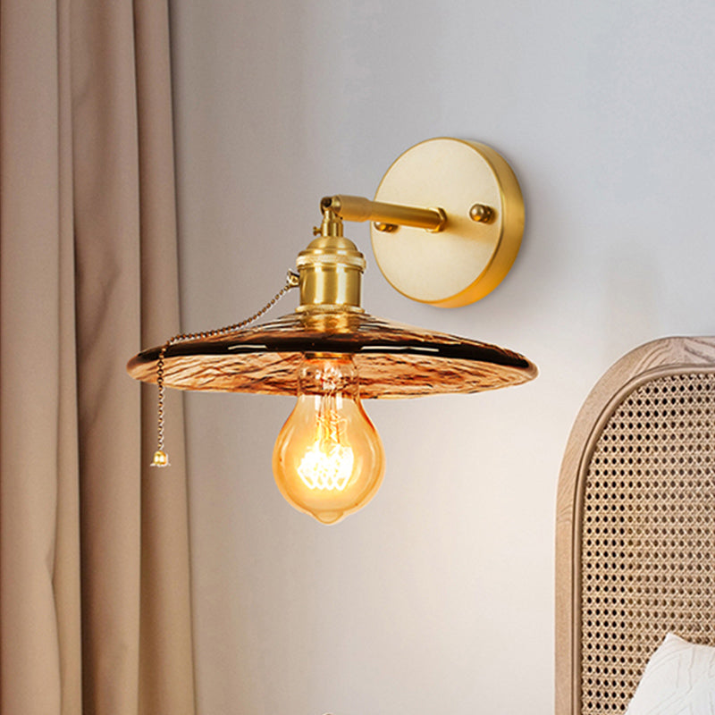 Tan Glass Gold Wall Light Shade Saucer/Funnel/Trapezoid 1-Head Colonial Wall Sconce Lighting Fixture for Bedroom Clearhalo 'Wall Lamps & Sconces' 'Wall Lights' Lighting' 1787490