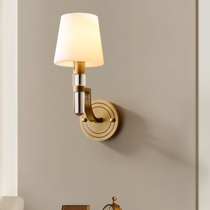 1/2-Light Tapered Wall Lamp Sconce Colonial Gold Frosted Glass Wall Mounted Light with Crystal Accent Clearhalo 'Wall Lamps & Sconces' 'Wall Lights' Lighting' 1787626